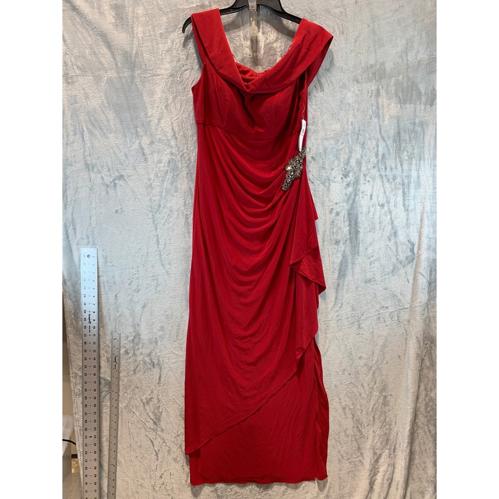 Alex Evenings Red Off Shoulder Ruched Gown Beaded Brooch Size 10 81351528